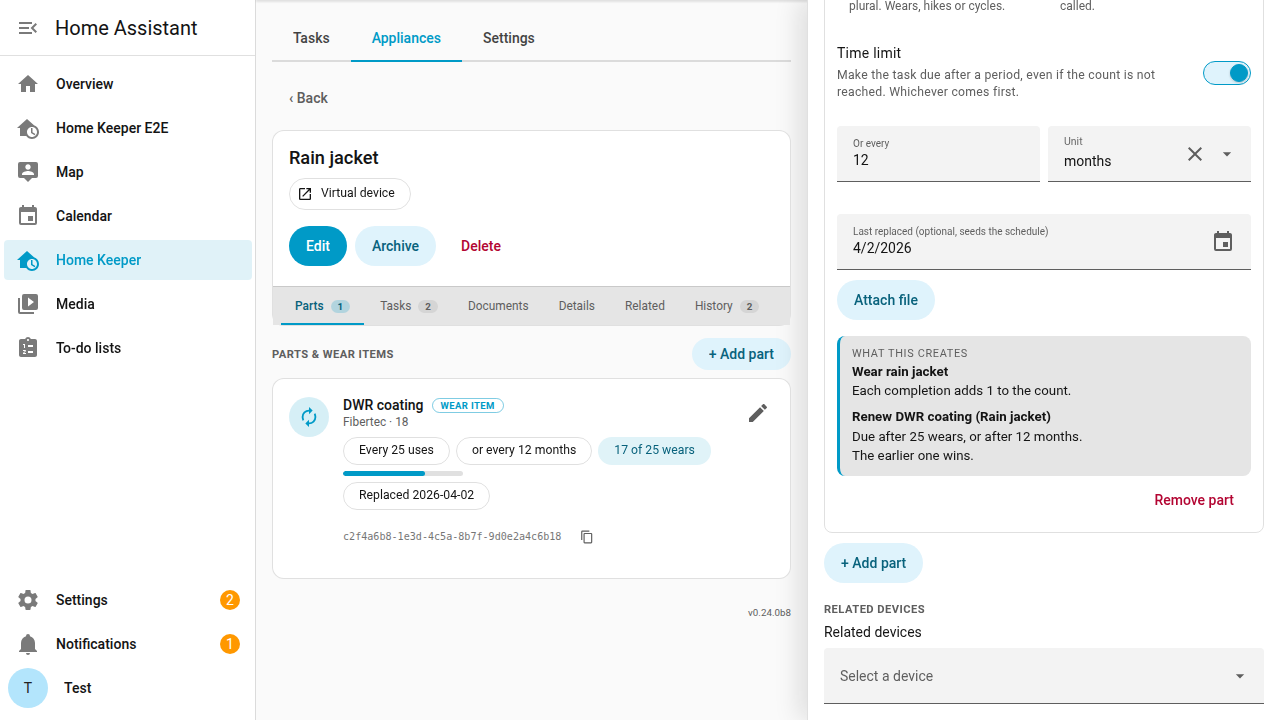 The part editor for a counted wear item, with the What this creates box at the foot naming both tasks