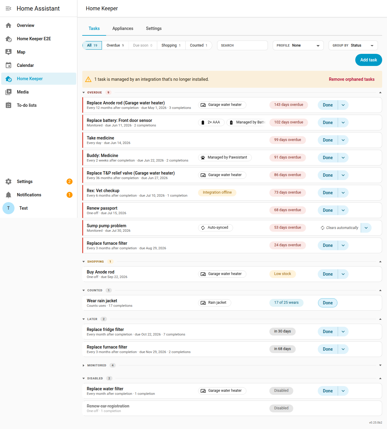The panel task list on the All filter, with a Disabled section at the bottom holding two tasks, each with a Disabled label in place of a due date