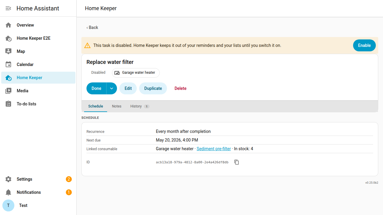 A disabled task page, with a banner above the task saying it is disabled and an Enable button beside the text