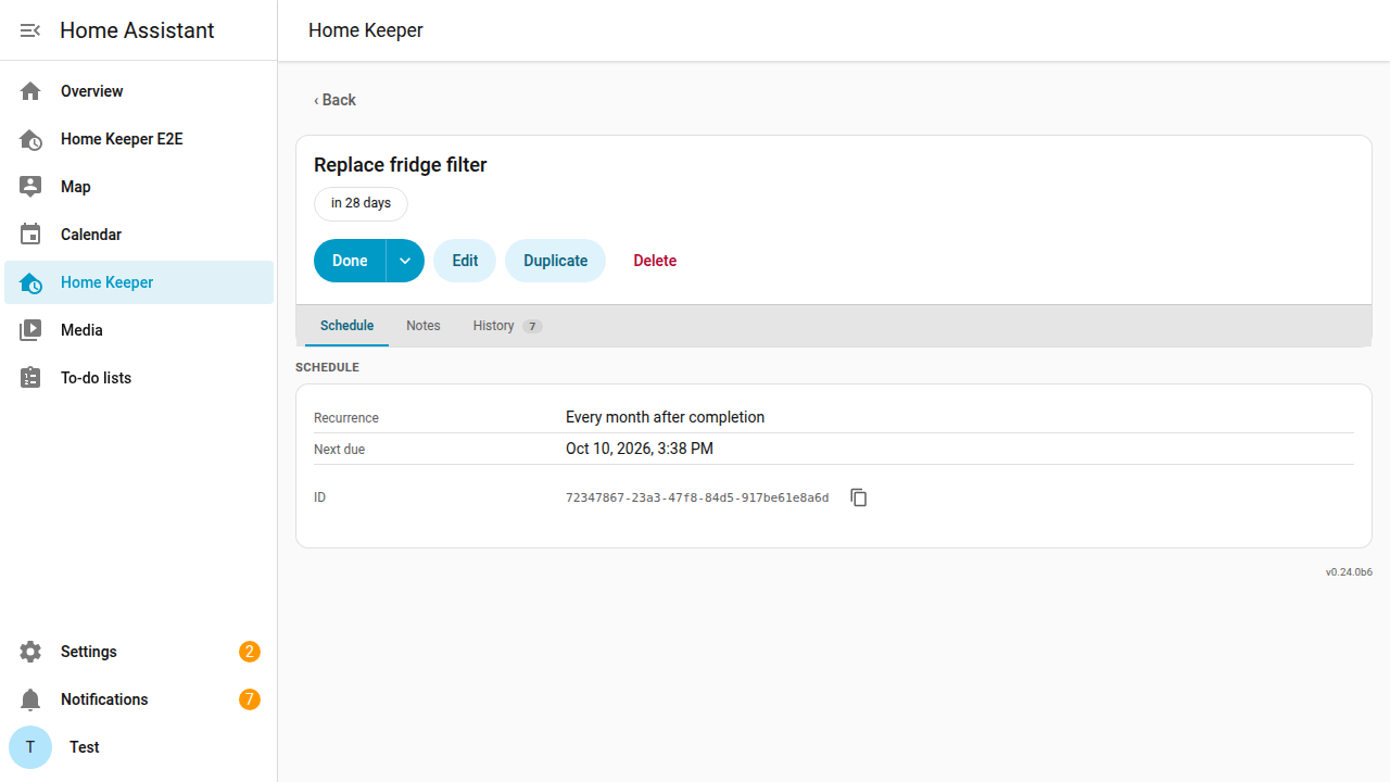 A task's page open on its Schedule tab, showing the recurrence and next due date