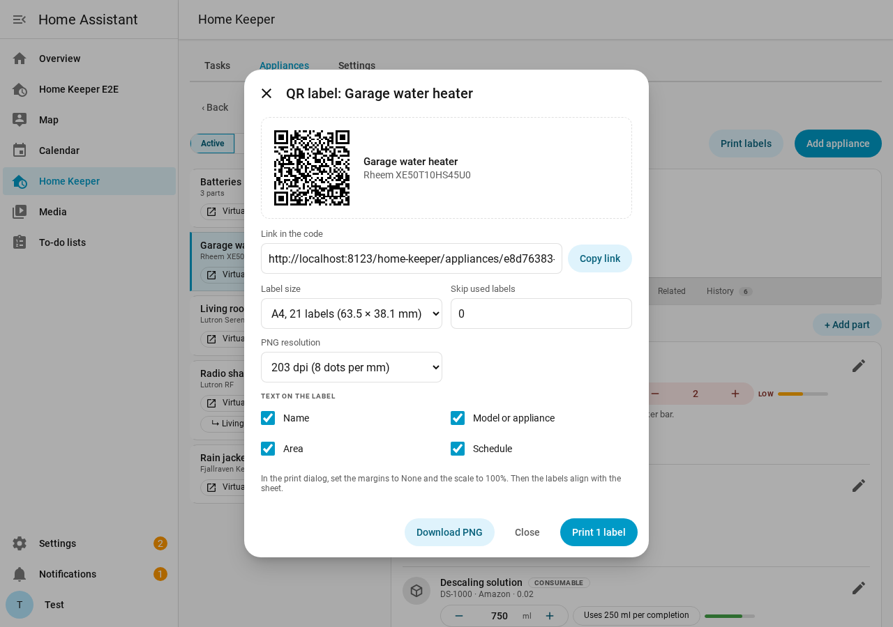 The QR label dialog of an appliance, with the code, the link and the print settings
