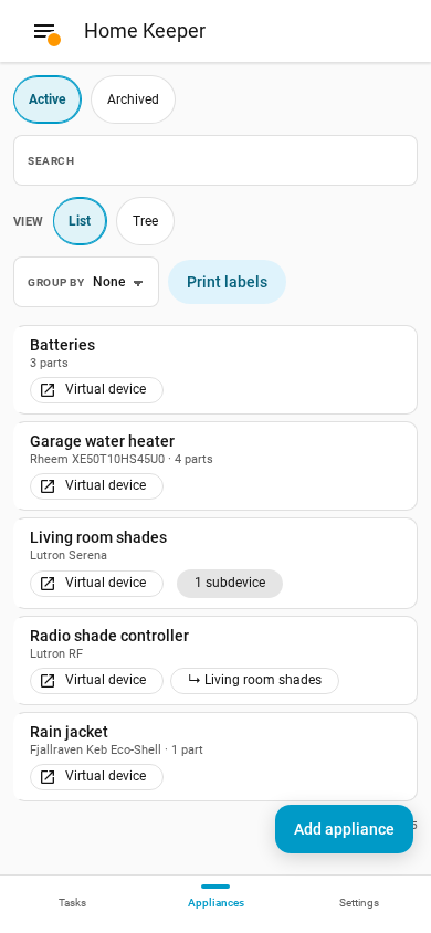 The Print labels button on the Appliances tab of a phone