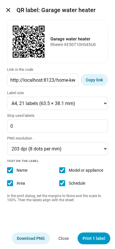 The QR label dialog of an appliance on a phone