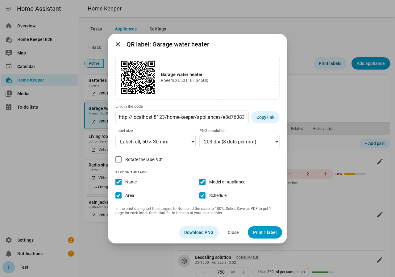 The QR label dialog with a 50 × 30 mm label roll and the PNG resolution