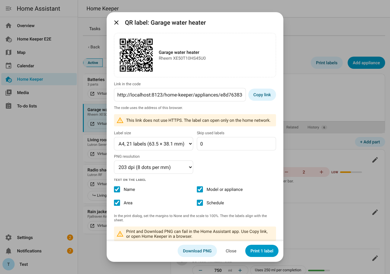 The warning in the QR label dialog in the Home Assistant app