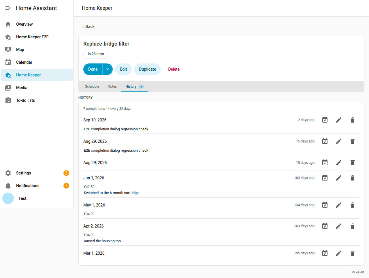 A task's page open on its History tab, listing past completions