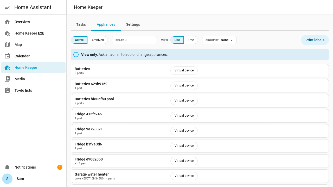 The Appliances tab for a user who is not an admin, with the View only note and no Add appliance button
