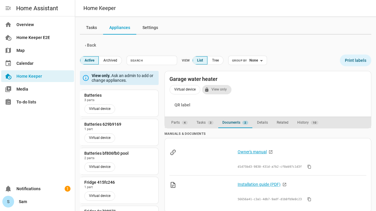 An appliance page for a user who is not an admin, with the View only chip and the documents