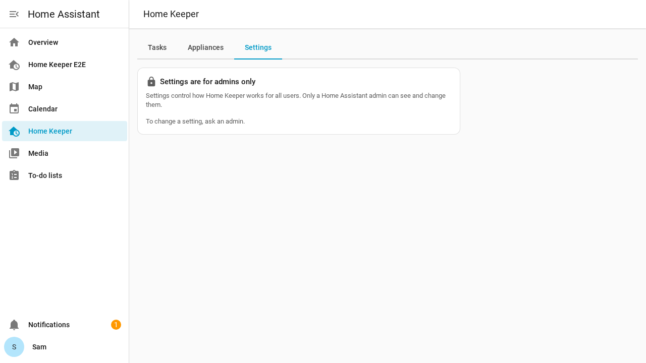 The Settings tab for a user who is not an admin, with the note that settings are for admins only