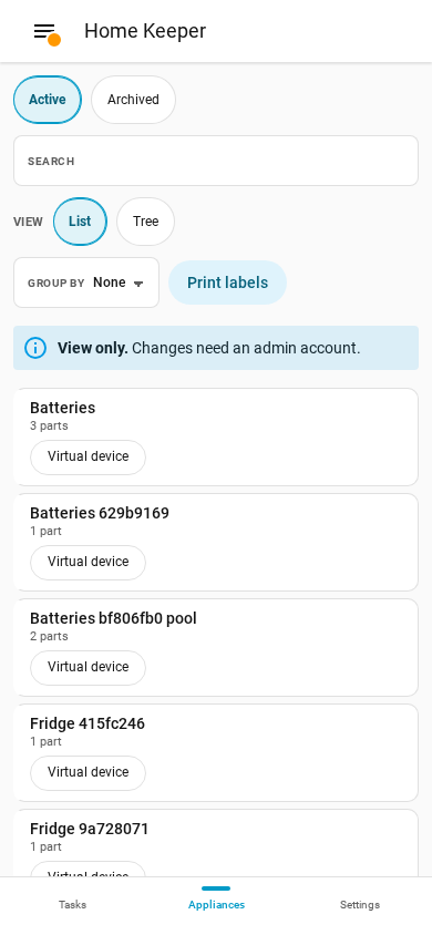 The Appliances tab on a phone for a user who is not an admin