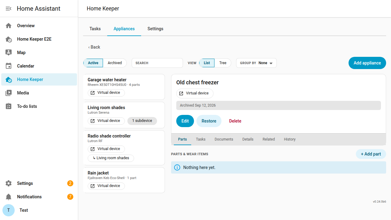 Archived appliance detail page