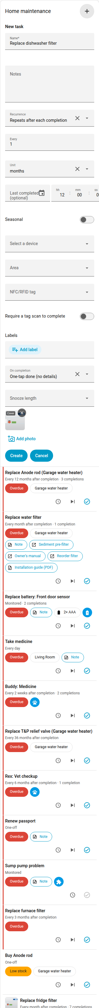 The New task form of the dashboard card with a photo, and a cover on a task row