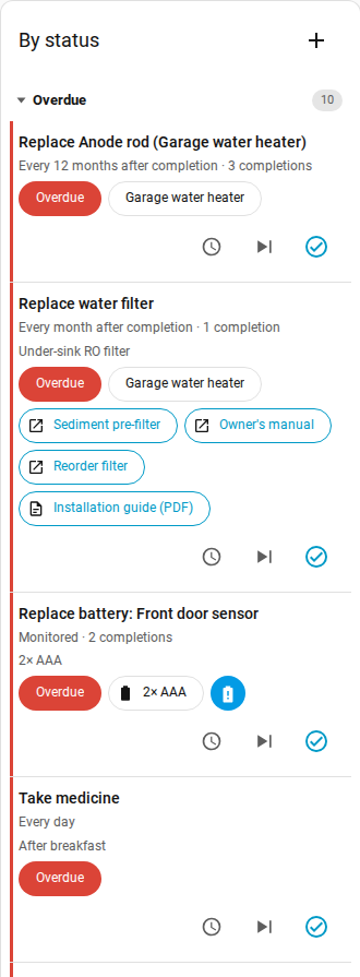 Home Keeper task card grouped into status sections