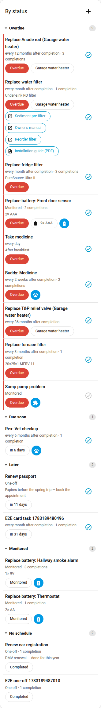 Home Keeper task card grouped into status sections