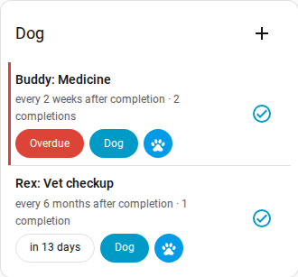 Home Keeper card filtered to the "dog" label, showing label chips on each row