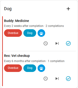 Home Keeper card filtered to the "dog" label, showing label chips on each row