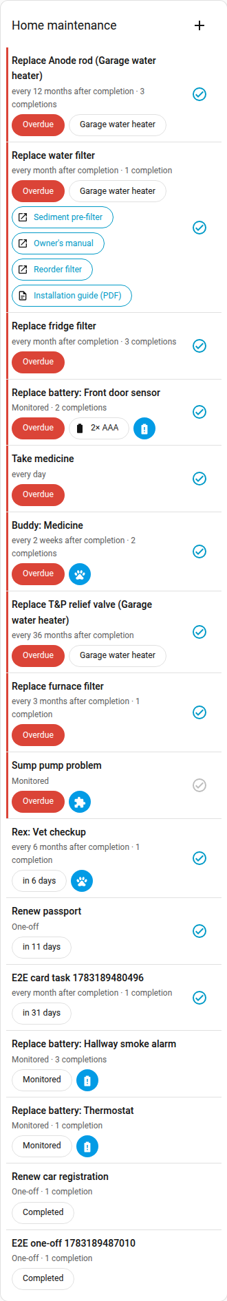 Home Keeper task card showing a row with "Owner's manual", "Reorder filter" and an "Installation guide (PDF)" file chip