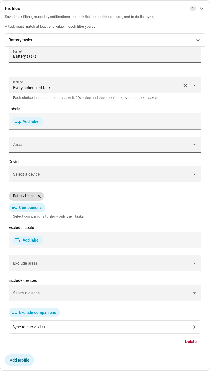 A Profile filtered to the Battery Notes companion in Settings → Profiles