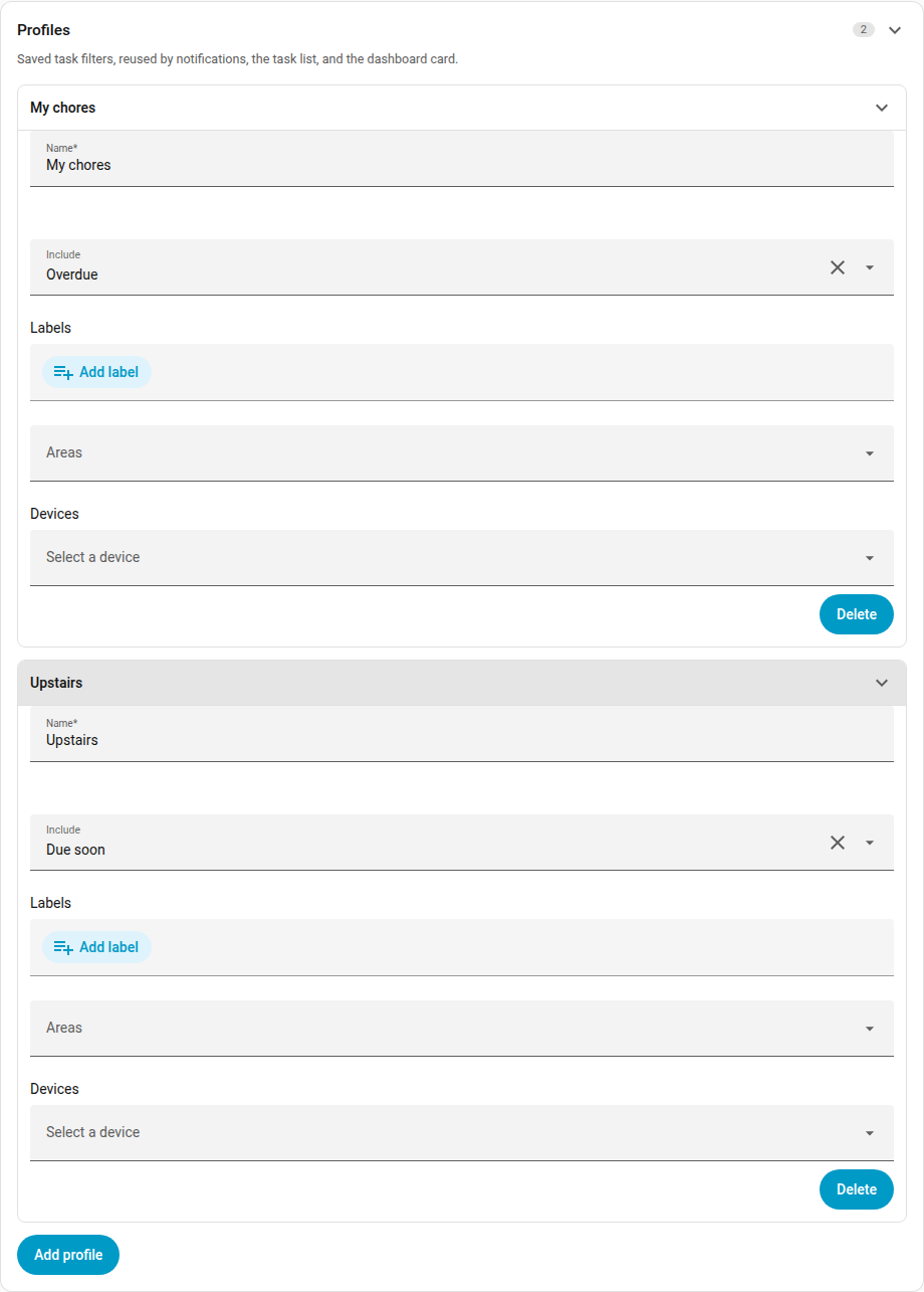 The Settings → Profiles card with saved filters