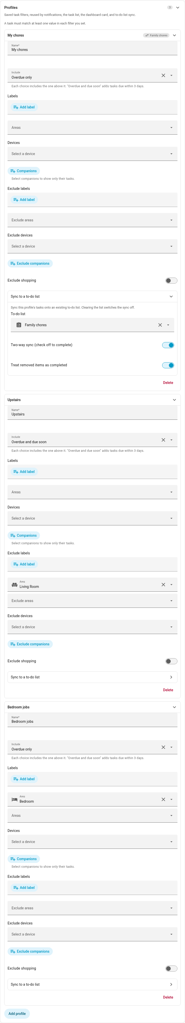 The Settings → Profiles card with saved filters